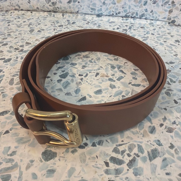 Michael Kors Brown Leather Belt Gold Buckle Wide Designer Belt L - Picture 2 of 3